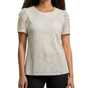 EXPRESS‎ Ivory Floral Lace Puff Short Sleeve Blouse NWT $45 Size XS